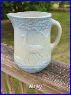 Antique Blue & White Stoneware McCoy Pottery Pitcher Doe & Fawn