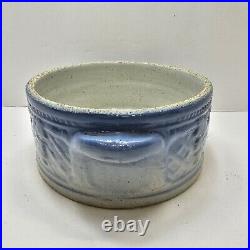 Antique Blue & White Stoneware Salt Glaze Casserole Butter Dish Grape Leaf READ