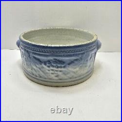 Antique Blue & White Stoneware Salt Glaze Casserole Butter Dish Grape Leaf READ