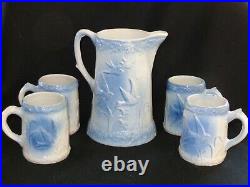Antique Blue & White Stoneware Salt Glaze Flying Birds Pitcher And 4 Mugs