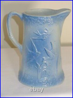 Antique Blue & White Stoneware Salt Glaze Flying Birds Pitcher And 4 Mugs