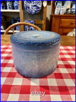 Antique Blue and White Stoneware Butterfly Butter Crock with Lid