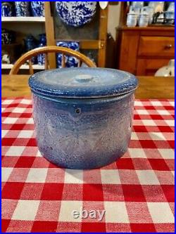 Antique Blue and White Stoneware Butterfly Butter Crock with Lid