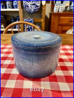 Antique Blue and White Stoneware Butterfly Butter Crock with Lid