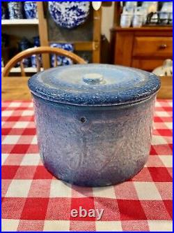 Antique Blue and White Stoneware Butterfly Butter Crock with Lid