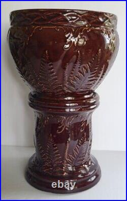Antique Brown Glazed Jardiniere & Pedestal Embossed Ferns 12.5 Overall