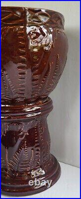 Antique Brown Glazed Jardiniere & Pedestal Embossed Ferns 12.5 Overall
