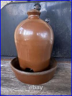 Antique Brown Glazed Stoneware Chicken Waterer Folk Art Pottery 8 h Jug