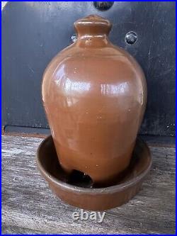 Antique Brown Glazed Stoneware Chicken Waterer Folk Art Pottery 8 h Jug