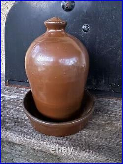 Antique Brown Glazed Stoneware Chicken Waterer Folk Art Pottery 8 h Jug