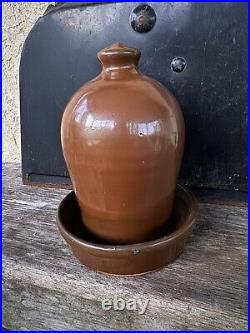 Antique Brown Glazed Stoneware Chicken Waterer Folk Art Pottery 8 h Jug