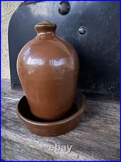 Antique Brown Glazed Stoneware Chicken Waterer Folk Art Pottery 8 h Jug