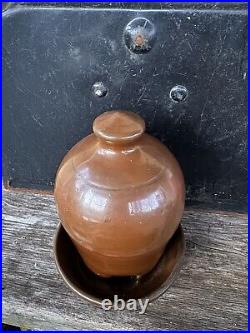 Antique Brown Glazed Stoneware Chicken Waterer Folk Art Pottery 8 h Jug