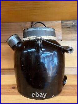 Antique Brown Stoneware Batter Jug with Wooden Handle and Lids