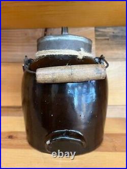 Antique Brown Stoneware Batter Jug with Wooden Handle and Lids