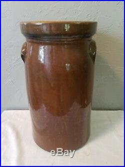 Antique Brown Stoneware Pottery 2-Gallon Butter Churn Crock with Ear Handles, Lid