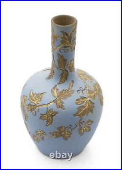 Antique Calvert & Lovatt Langley Ware Sgraffito Blue Stoneware Vase with Leaves
