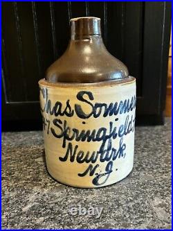 Antique Chas Sommers Newark NJ Stoneware Script Jug