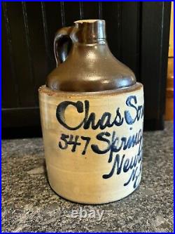 Antique Chas Sommers Newark NJ Stoneware Script Jug