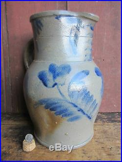 Antique Civil War Era Remmey Family Blue Decorated Salt Glazed Stoneware Pitcher