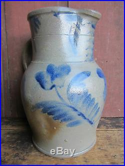 Antique Civil War Era Remmey Family Blue Decorated Salt Glazed Stoneware Pitcher