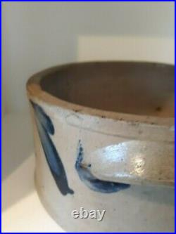 Antique Cobalt Blue Decorated Stoneware Cake Crock