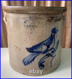 Antique Cobalt Blue Decorated Stoneware Crock / Bird Motif
