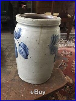 Antique Cobalt Blue Decorated Stoneware Pottery Crock