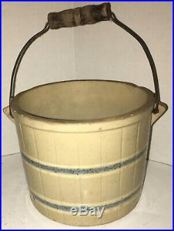 Antique Cobalt Decor Salt Glazed Stoneware Berry Bucket Pail Bail Handle AAFA