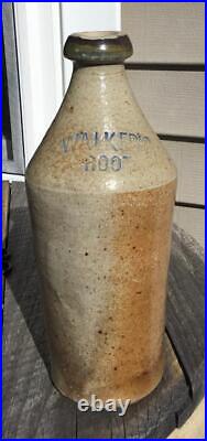 Antique Cobalt Wash Stamped Walker's Root Salt Glaze Stoneware Bottle Blue Top