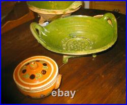 Antique Confit French Art Pottery Green Colander Kitchen Redware Stoneware