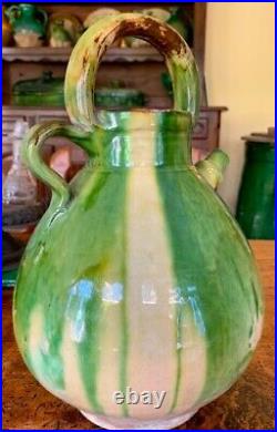 Antique Confit French Pottery Bed Warmer Stoneware Emerald Glazed Bottle Jar Pot