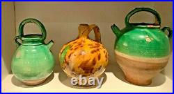 Antique Confit French Pottery Bed Warmer Stoneware Emerald Glazed Bottle Jar Pot