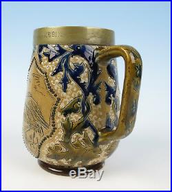 Antique Doulton Lambeth Stoneware 1881 Trophy Tankard English Pottery Bird Royal