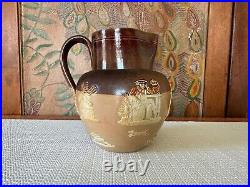 Antique Doulton Lambeth Stoneware Pottery Pitcher Hunting White Relief (1125)