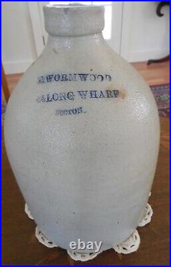 Antique E. Wormwood, Boston Stoneware Whiskey Jug