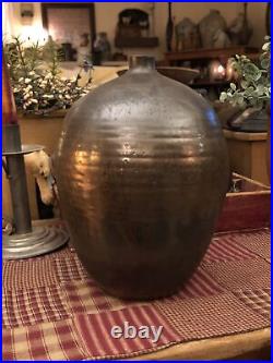 Antique Early Redware Pottery Ovoid Manganese Glaze Ribbed Stoneware Crock Mark