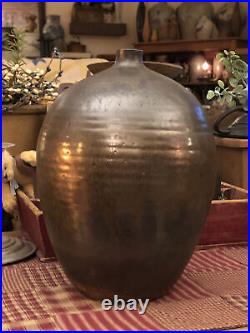 Antique Early Redware Pottery Ovoid Manganese Glaze Ribbed Stoneware Crock Mark