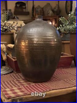 Antique Early Redware Pottery Ovoid Manganese Glaze Ribbed Stoneware Crock Mark