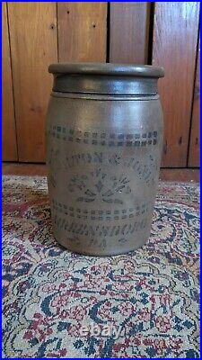 Antique Early Stoneware Hamilton Jones PA Cobalt Blue Striper Crock Jar 10