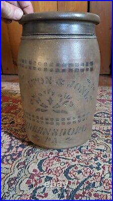 Antique Early Stoneware Hamilton Jones PA Cobalt Blue Striper Crock Jar 10