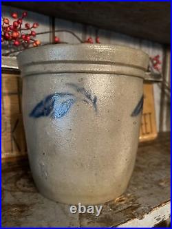 Antique Early Vintage Stoneware Crock Blue Leaves #1