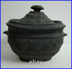 Antique English Black Basalt Porcelain Sugar Pot Floral Motifs