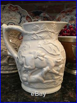 Antique English Stoneware Jug Pitcher Razorback Boar Stag Dog Hunting Drabware
