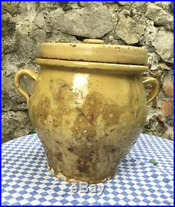 Antique FRENCH CONFIT Pot POTTERY Jar Yellow Stoneware Crock Earthenware Lidded