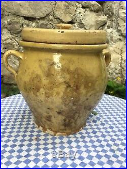 Antique FRENCH CONFIT Pot POTTERY Jar Yellow Stoneware Crock Earthenware Lidded