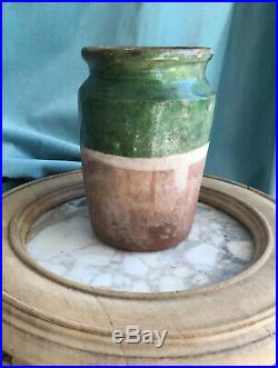 Antique FRENCH Pot Au CONFIT POTTERY Jar Green Small Stoneware Crock Earthenware