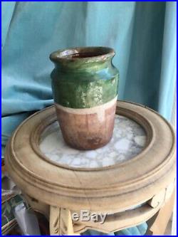 Antique FRENCH Pot Au CONFIT POTTERY Jar Green Small Stoneware Crock Earthenware