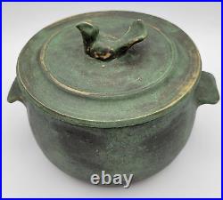 Antique Fermenting Pot Crock Primitive Art Pottery Stoneware Bird Finial