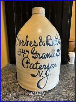 Antique Forbes & Botbyl 2 Gallon Stoneware Script Advertising Jug